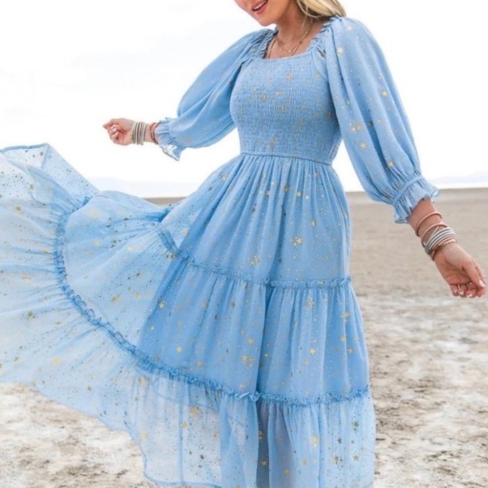 Ivy City Co Starry Nights Smocked Midi Dress Blue Gold Celestial Whimsygoth M